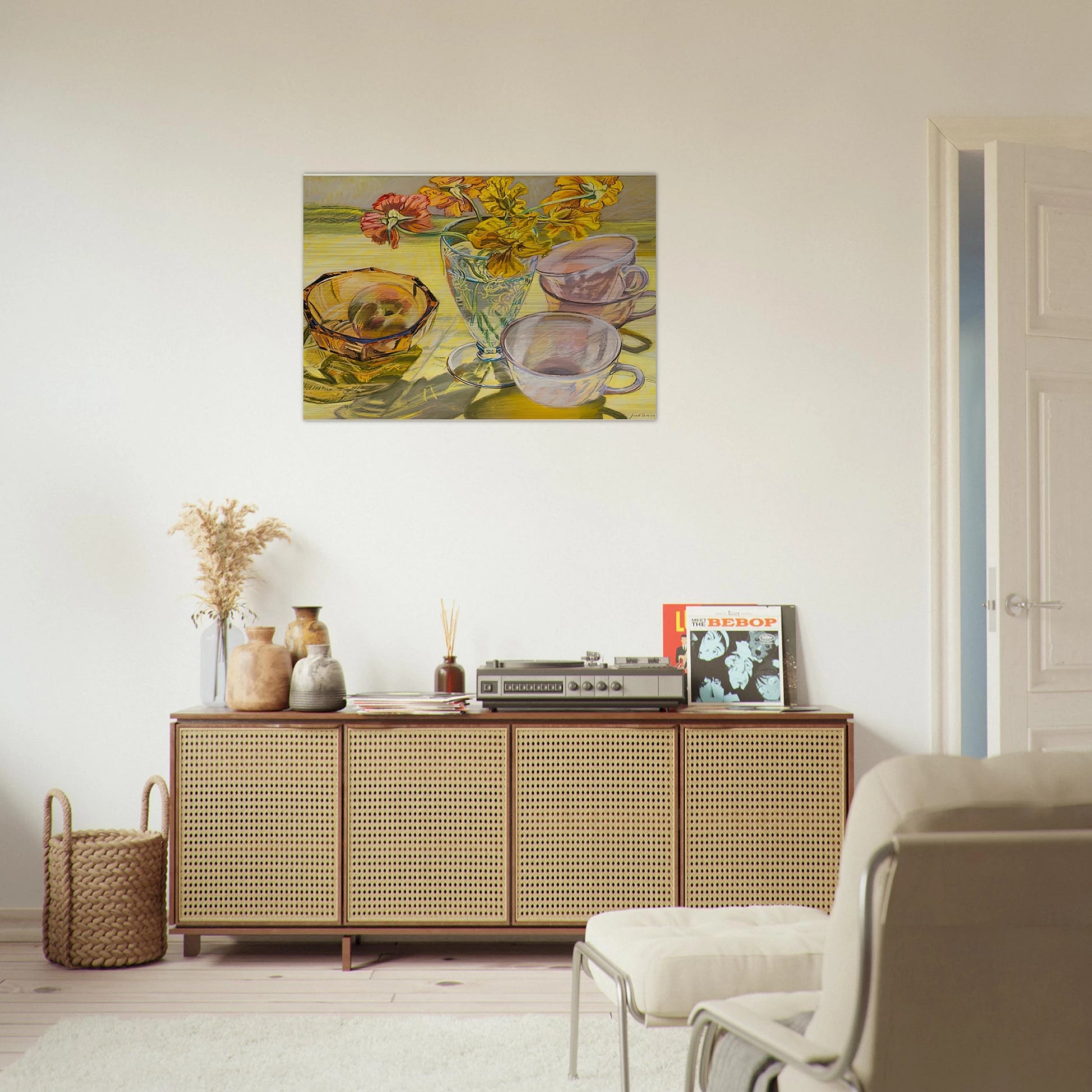NASTURTIUMS AND PINK CUPS 1981 - Janet Fish Brushed Aluminum Print - 70x100 cm / 28x40 inches | Janet Fish Aluminum Print | Janet Fish Prints
