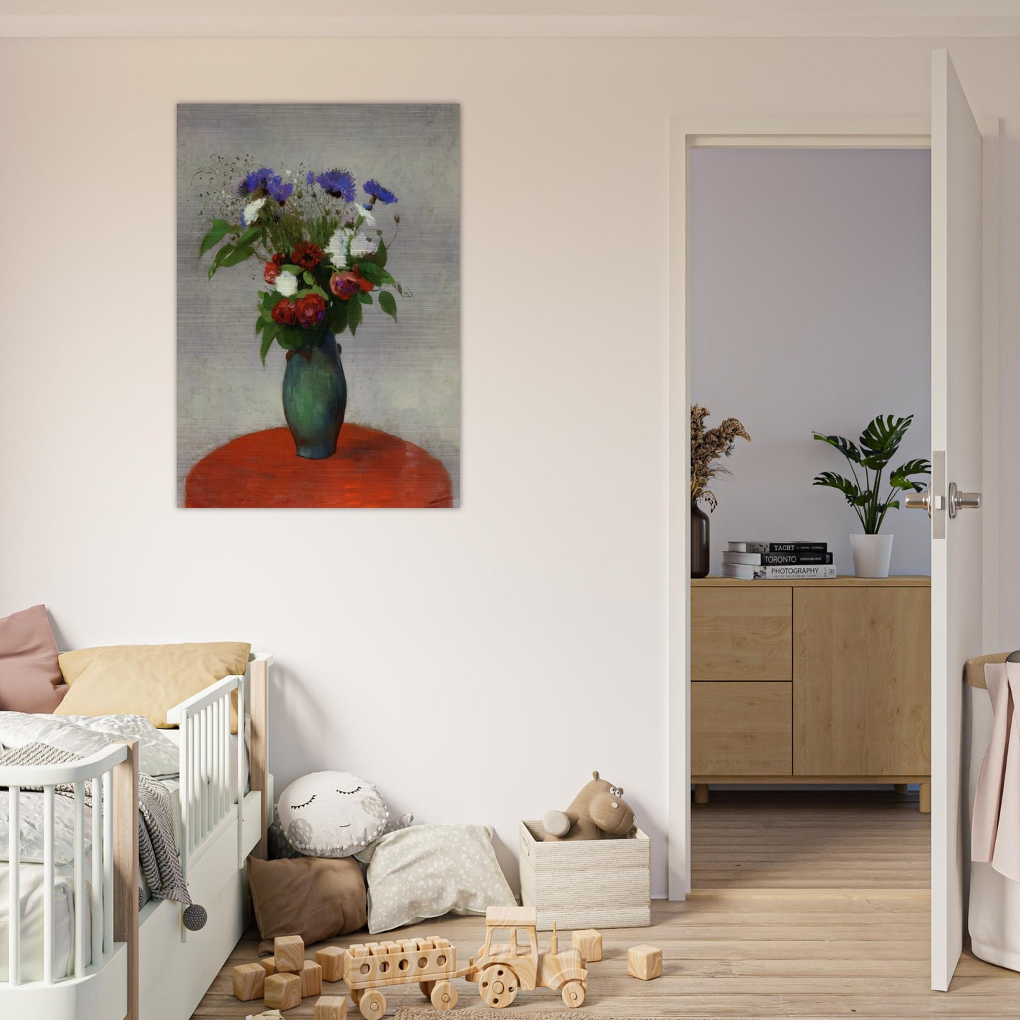 VASE OF FLOWERS ON A RED TABLECLOTH - Odilon Redon Brushed Aluminum Print - 70x100 cm / 28x40 inches | Odilon Redon Aluminum Print | Odilon Redon Prints
