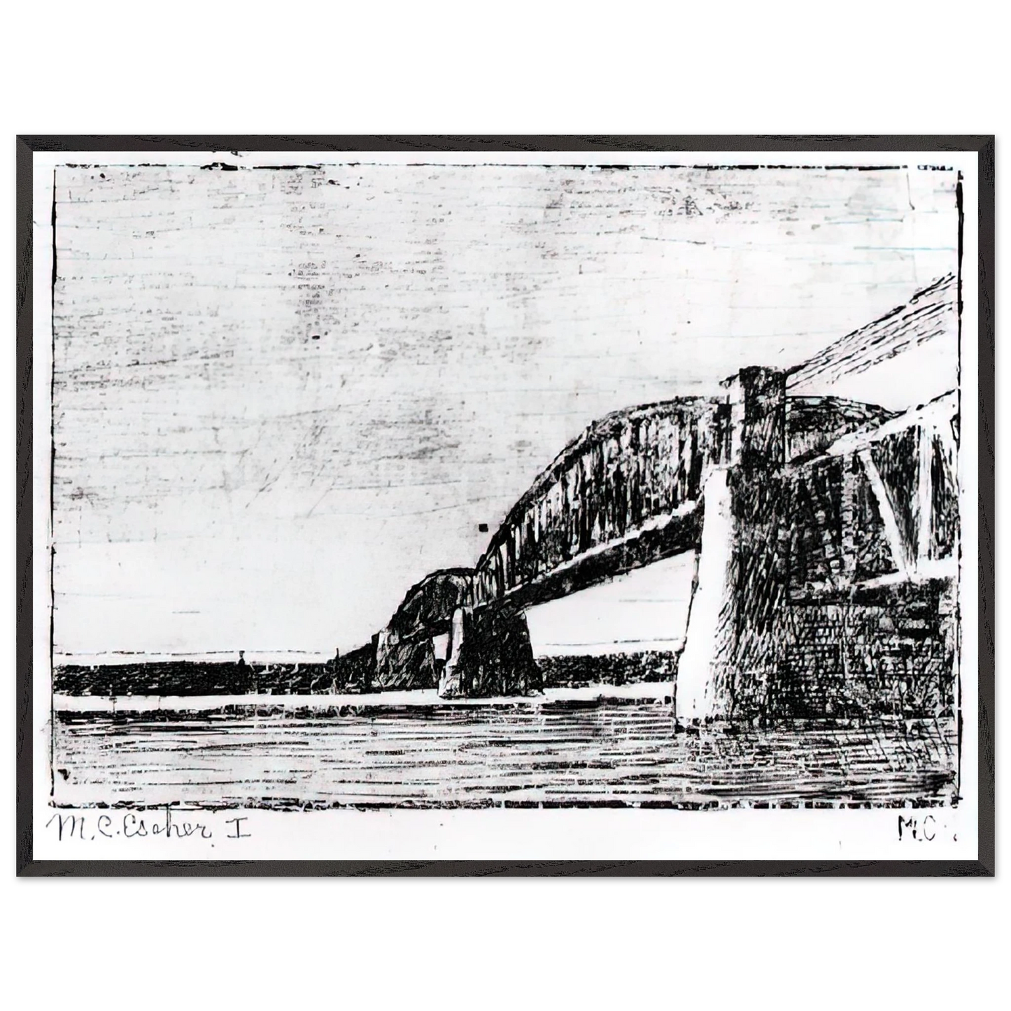MC Escher - RAILWAY BRIDGE OOSTERBEEK Wall Art - 60x80 cm / 24x32 inches - Premium Wooden Framed Poster With Fine Art Paper-canvas - Black frame
