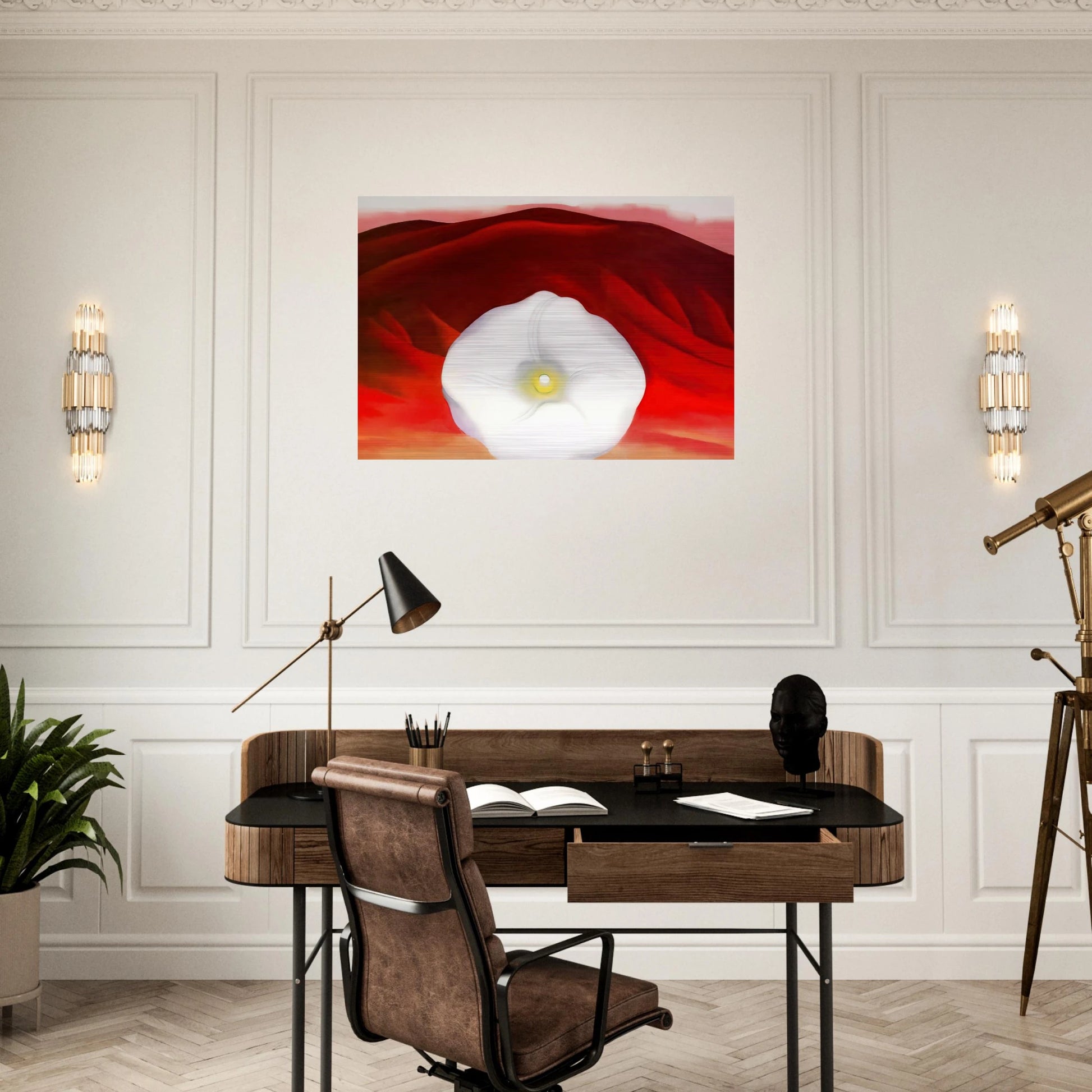 Red hills and white flower - Georgia O'Keeffe Brushed Aluminum Print - 70x100 cm / 28x40 inches | Georgia O'Keeffe Aluminum Print | Georgia O'Keeffe Prints