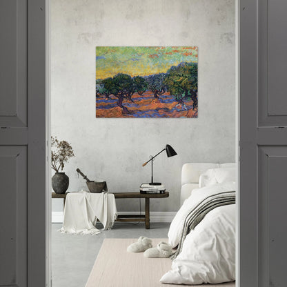 Olive Grove - Orange Sky - Vincent van Gogh Brushed Aluminum Print - 70x100 cm / 28x40 inches | Vincent van Gogh Aluminum Print | Vincent van Gogh Prints