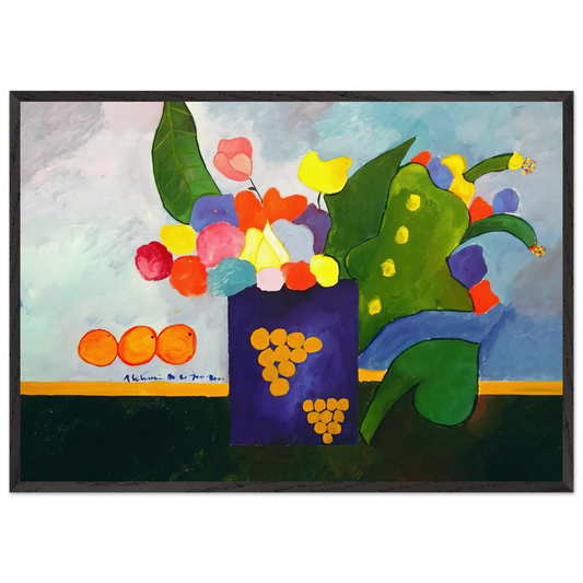Vase With Flowers and Fruit - 2001 - Aldemir Martins 70x100 cm / 28x40 inches Framed Art Print – Black Wooden Frame