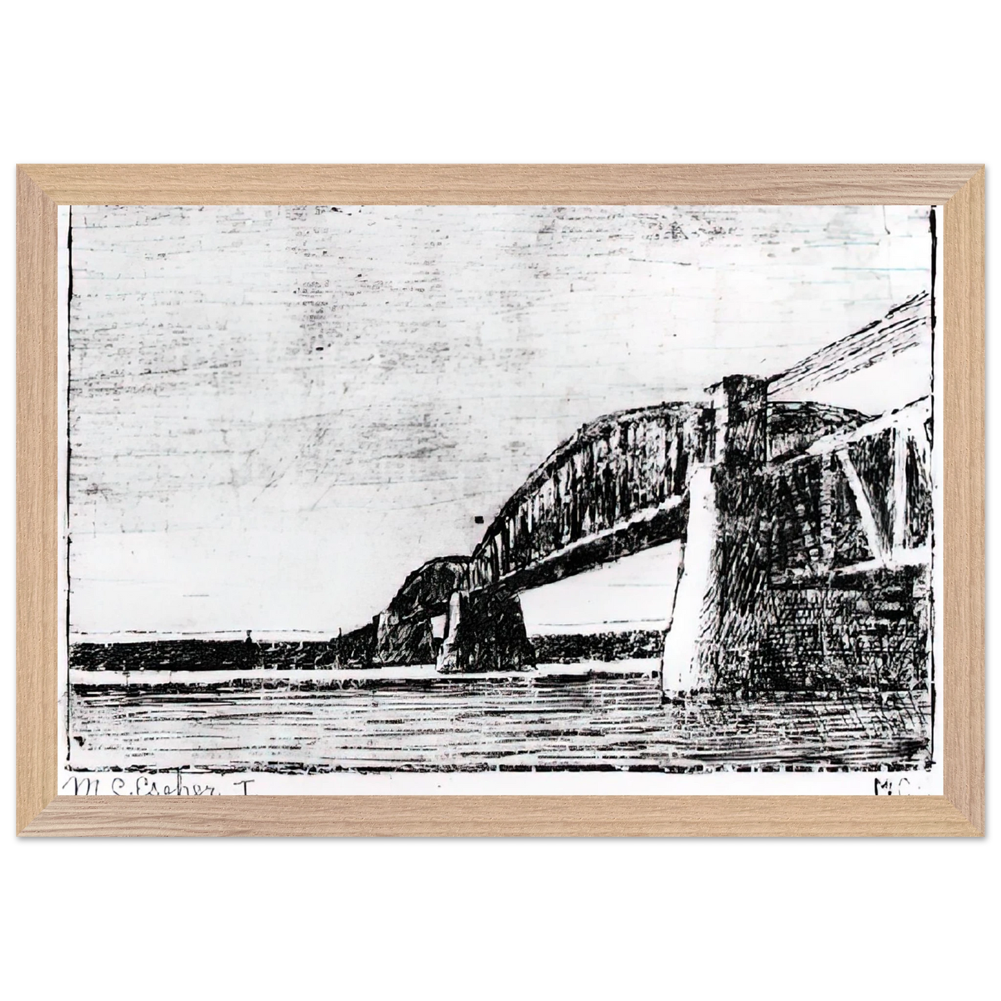 MC Escher - RAILWAY BRIDGE OOSTERBEEK Wall Art - 21x29.7 cm / 8x12" - Premium Wooden Framed Poster With Fine Art Paper-canvas - Wood frame