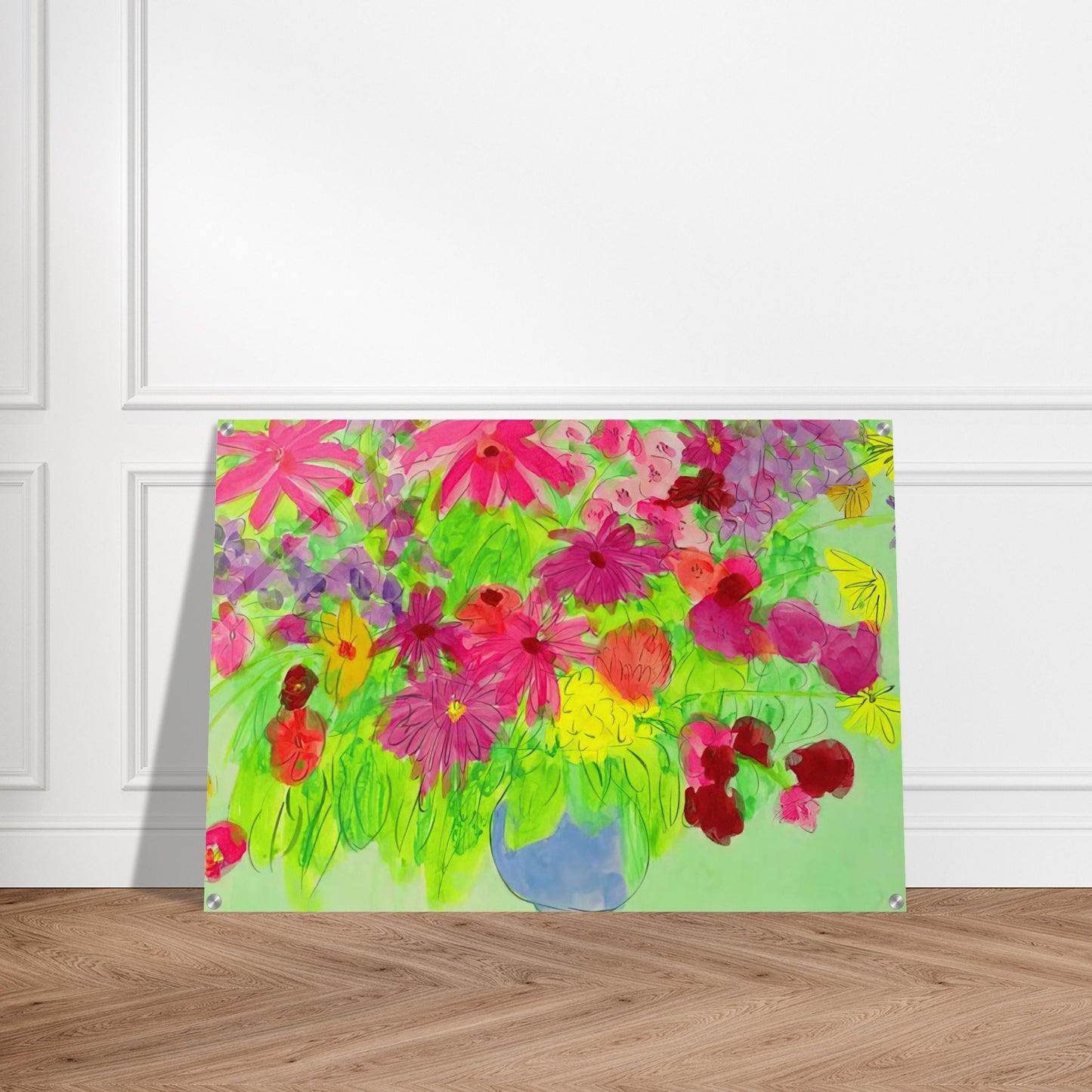 Blue Vase, Many Flowers - Naïve Art Primitivism, Pop Art - Walasse Ting Acrylic Print - 70x100 cm / 28x40″ inches