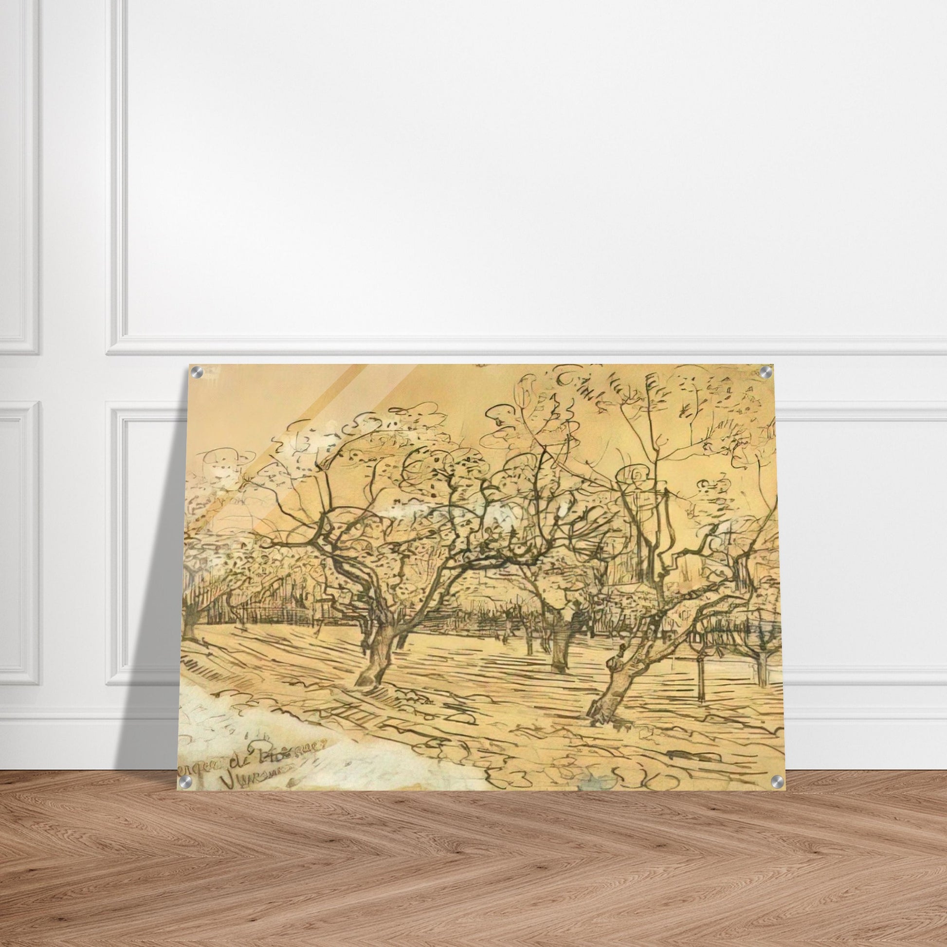 Orchard with Blossoming Plum Trees The White Orchard - Vincent van Gogh Acrylic Print - 70x100 cm / 28x40″ inches | Vincent van Gogh Wall Art | Vincent van Gogh Prints