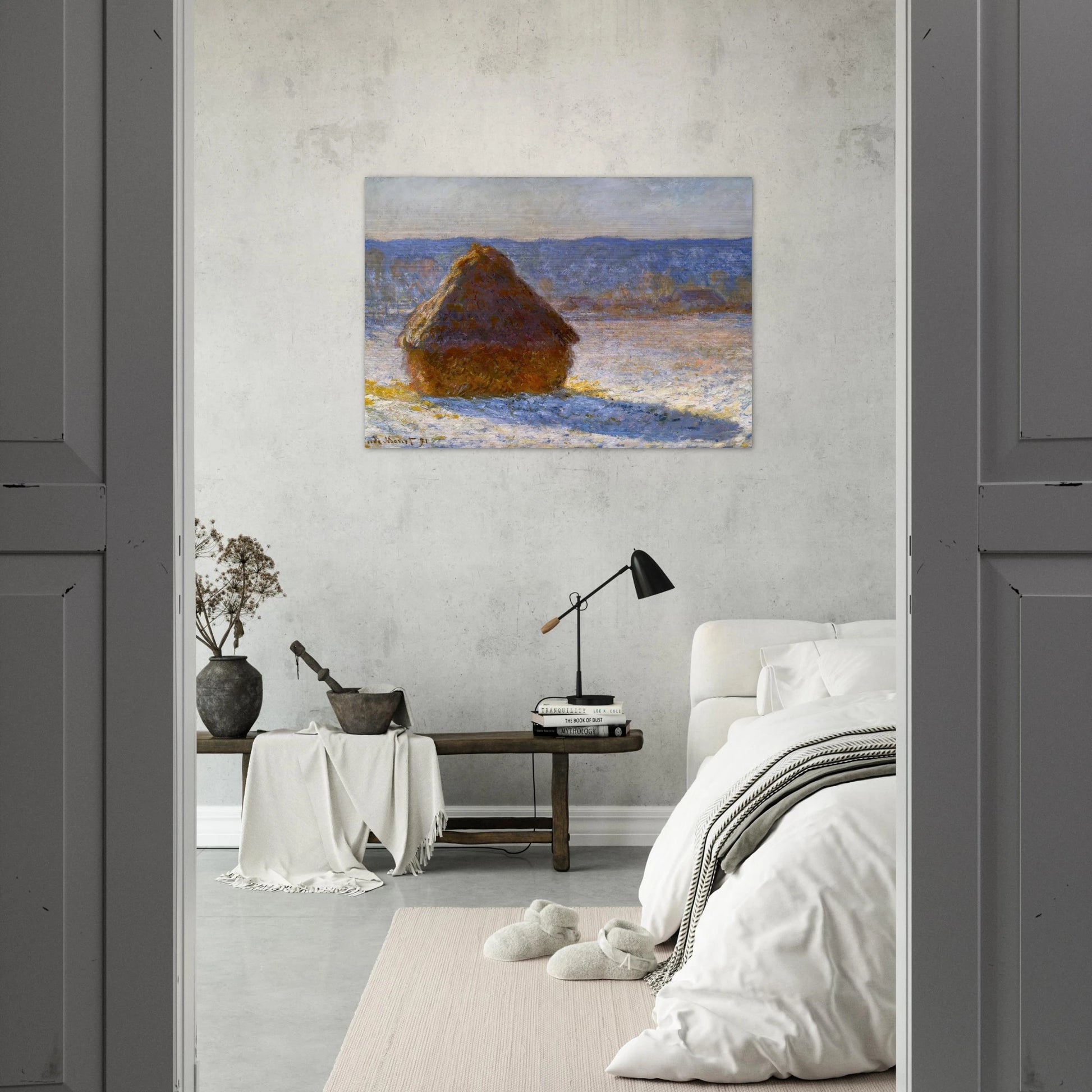 Grainstack, Snow Effect, Morning - claude monet Brushed Aluminum Print - 70x100 cm / 28x40 inches | claude monet Aluminum Print | claude monet Prints