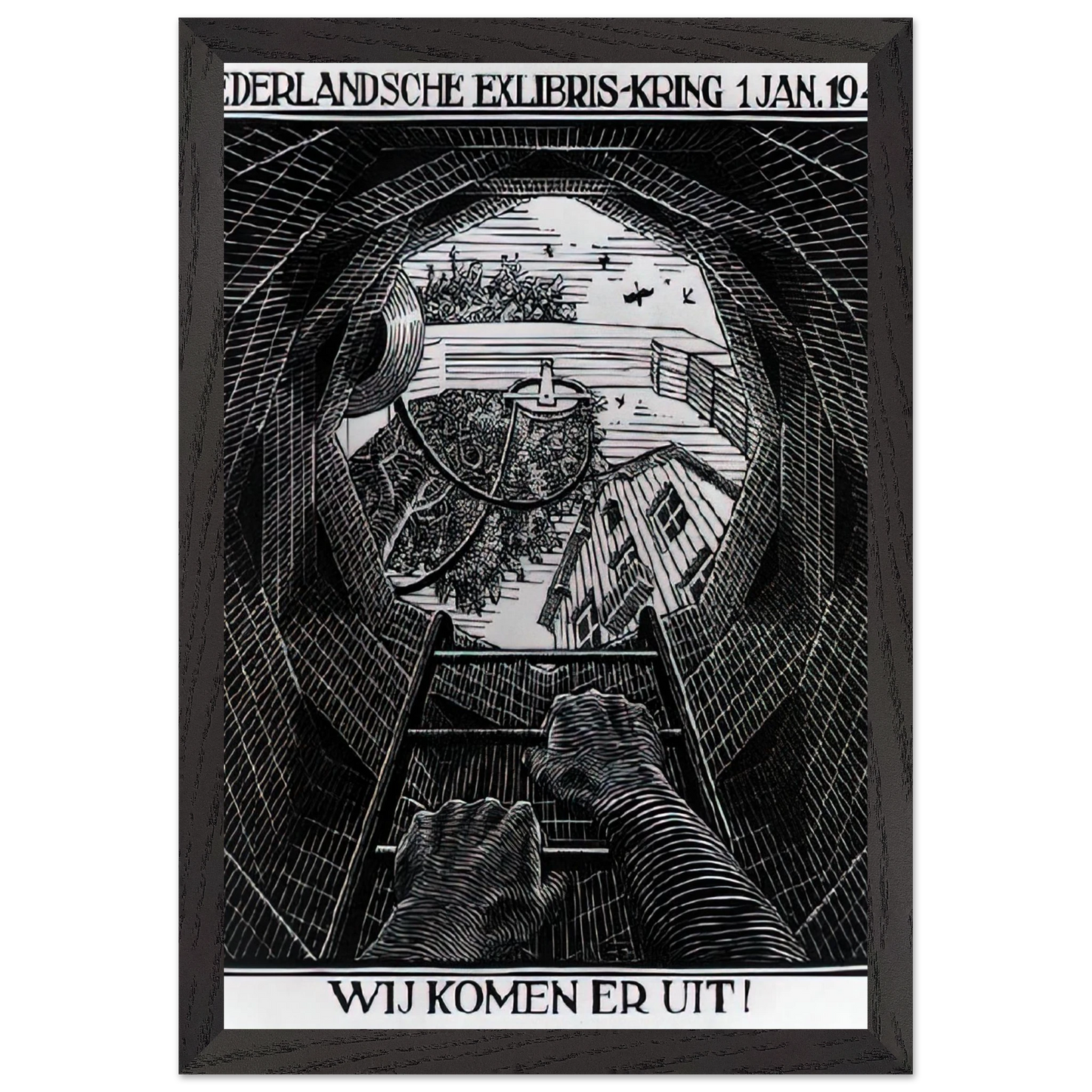 MC Escher - NEW YEAR S GREETING CARD Wall Art - 30x40 cm / 12x16 inches - Premium Wooden Framed Poster With Fine Art Paper-canvas - Wood frame