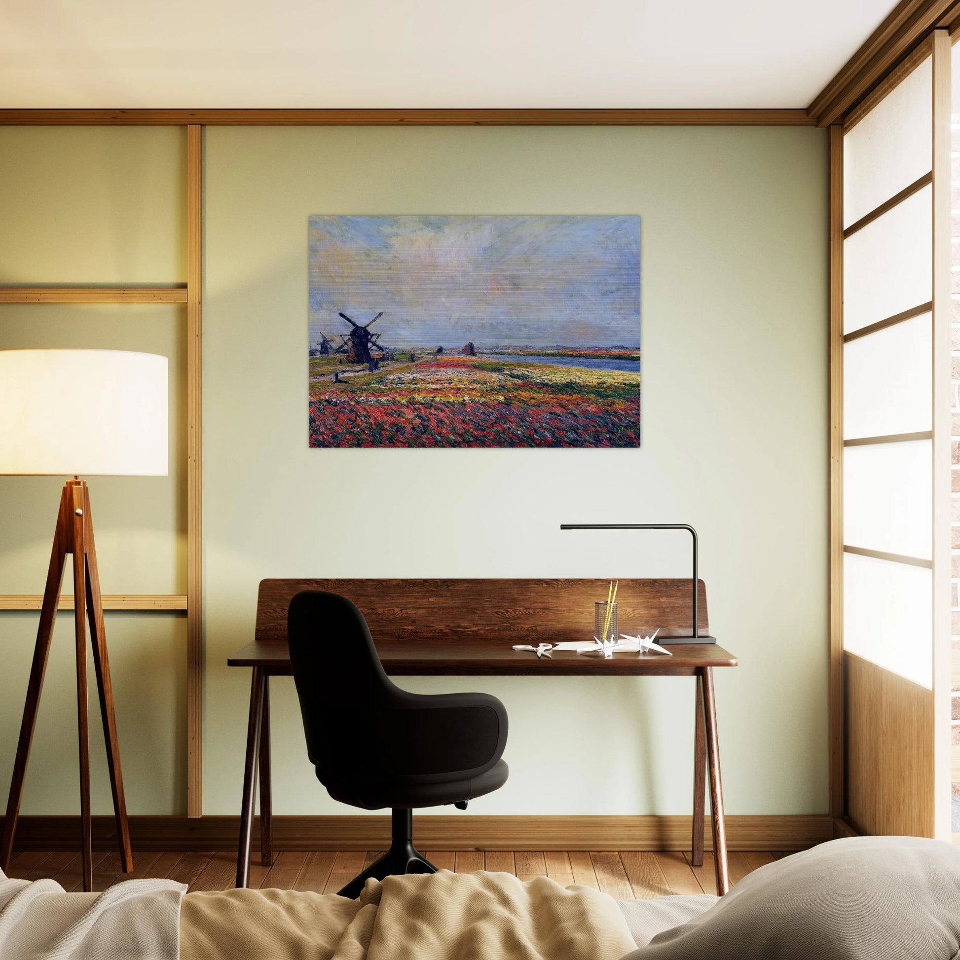 Fields of Flowers and Windmills near Leiden - claude monet Brushed Aluminum Print - 70x100 cm / 28x40 inches | claude monet Aluminum Print | claude monet Prints