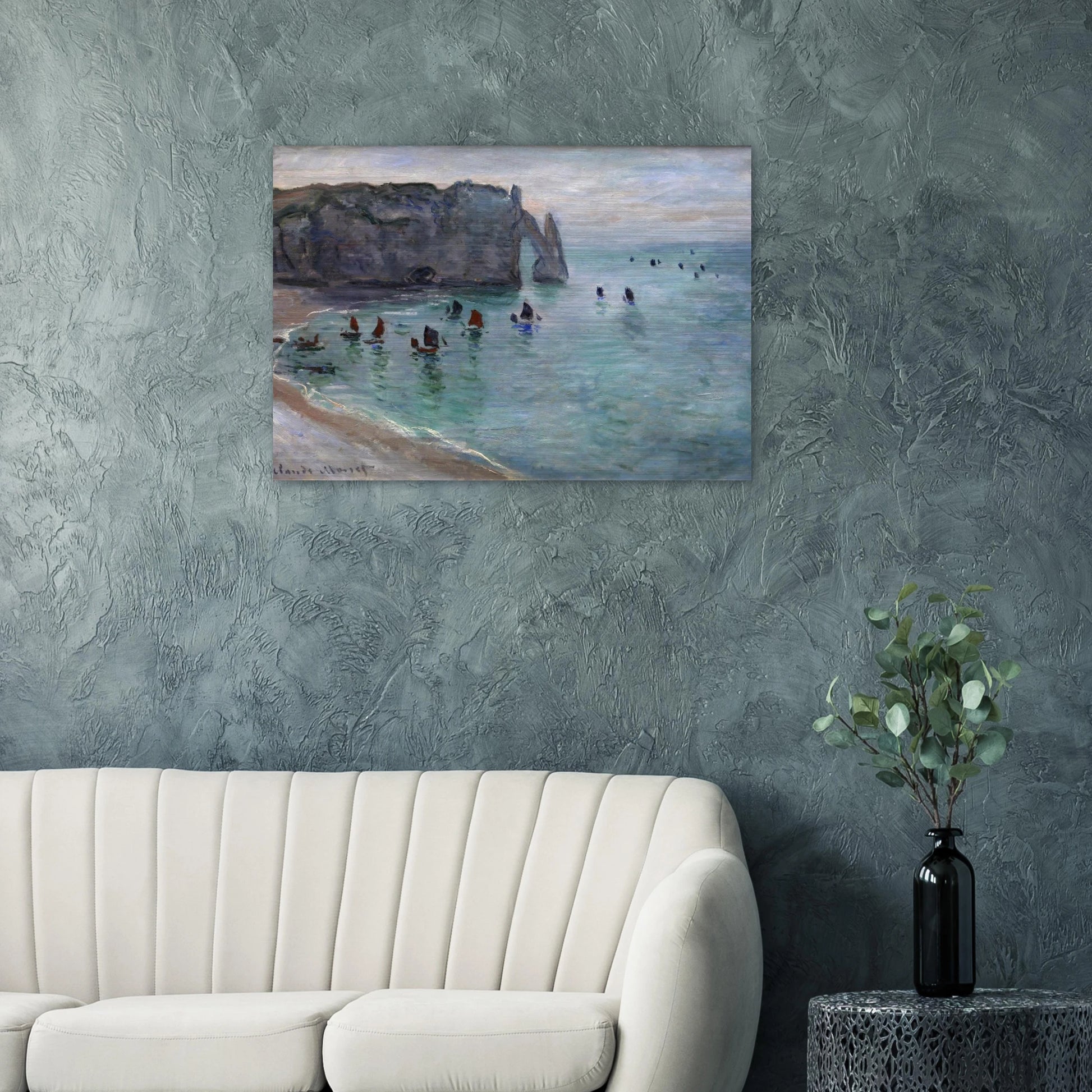 Etretat the Aval Door Fishing Boats Leaving the Harbour - claude monet Brushed Aluminum Print - 70x100 cm / 28x40 inches | claude monet Aluminum Print | claude monet Prints