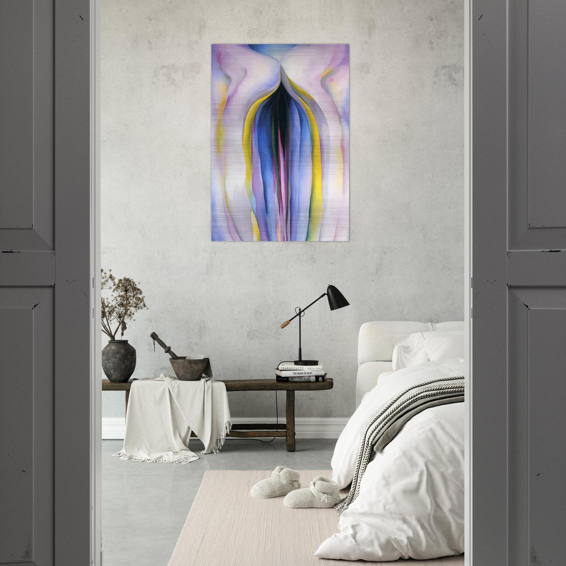Grey Line With Black, Blue And Yellow - Georgia O'Keeffe Brushed Aluminum Print - 70x100 cm / 28x40 inches | Georgia O'Keeffe Aluminum Print | Georgia O'Keeffe Prints