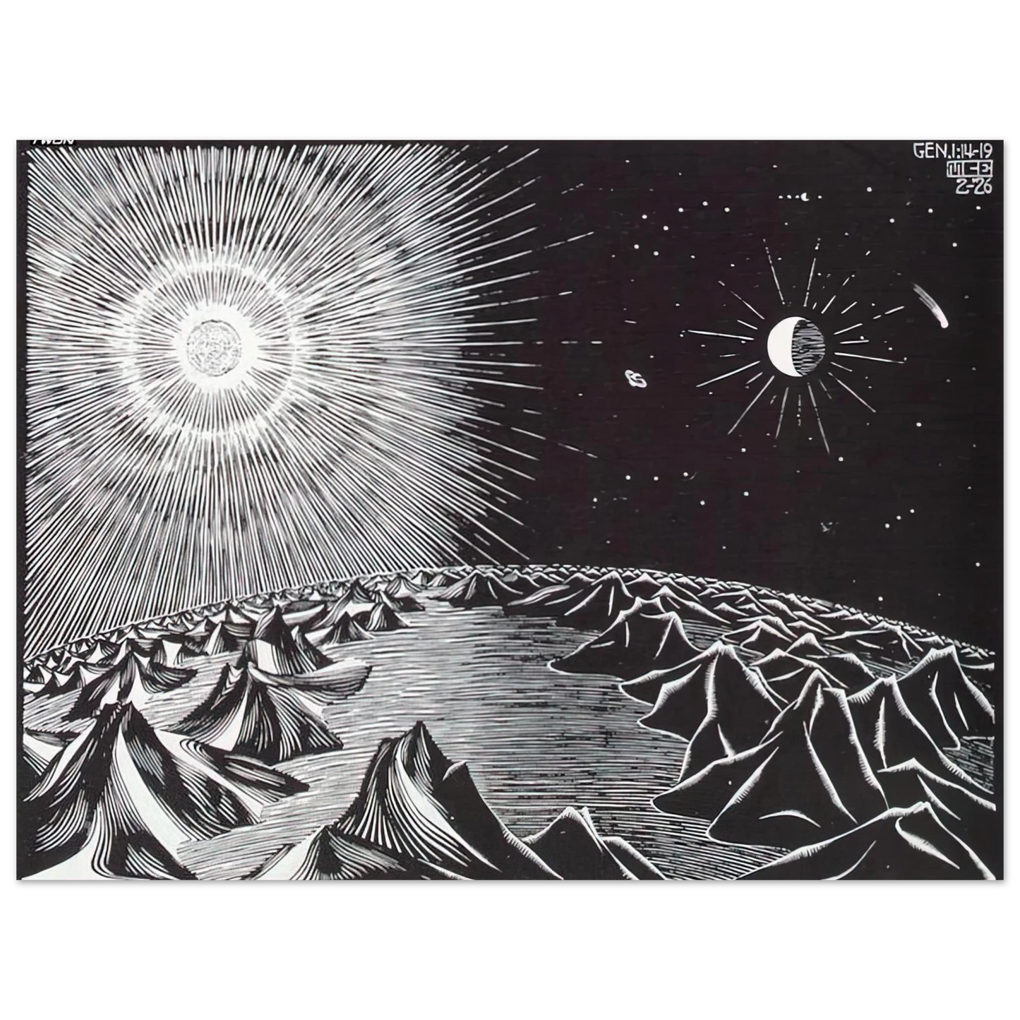 MC Escher - THE 4TH DAY OF THE CREATION Wall Art - 21x29.7 cm / 8x12" - Premium Wooden Framed Poster With Fine Art Paper-canvas - Black frame