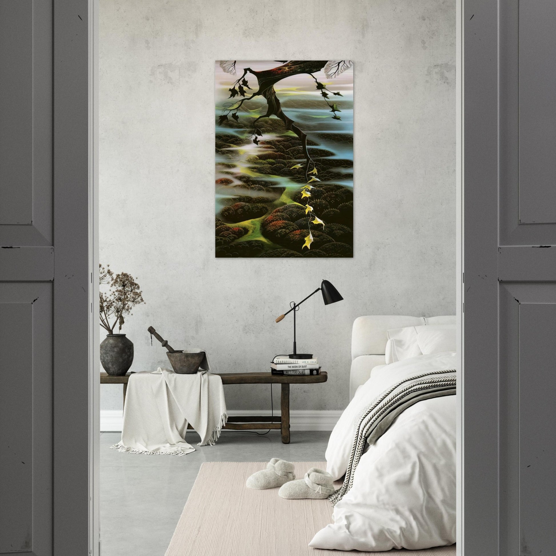 Fog Laced Hills - Eyvind Earle Brushed Aluminum Print - 70x100 cm / 28x40 inches | Eyvind Earle Aluminum Print | Eyvind Earle Prints