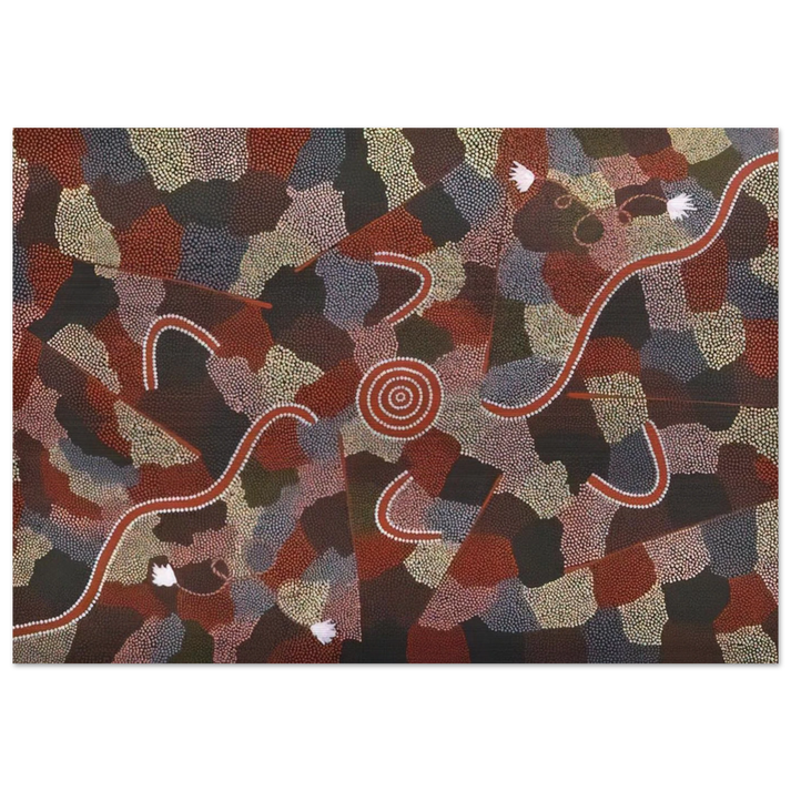 Family Dreaming - Native Art - Clifford Possum Tjapaltjarri Brushed Aluminum Print - 70x100 cm / 28x40 inches | Clifford Possum Tjapaltjarri Aluminum Print | Clifford Possum Tjapaltjarri Prints